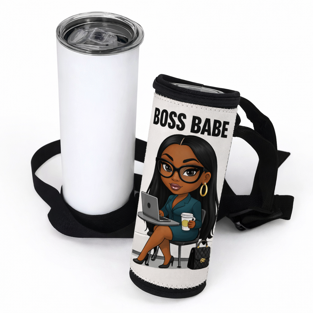 20oz Neoprene Insulated Tumbler Sleeve with Shoulder Strap| Sublimation Blank | White with Black Trim