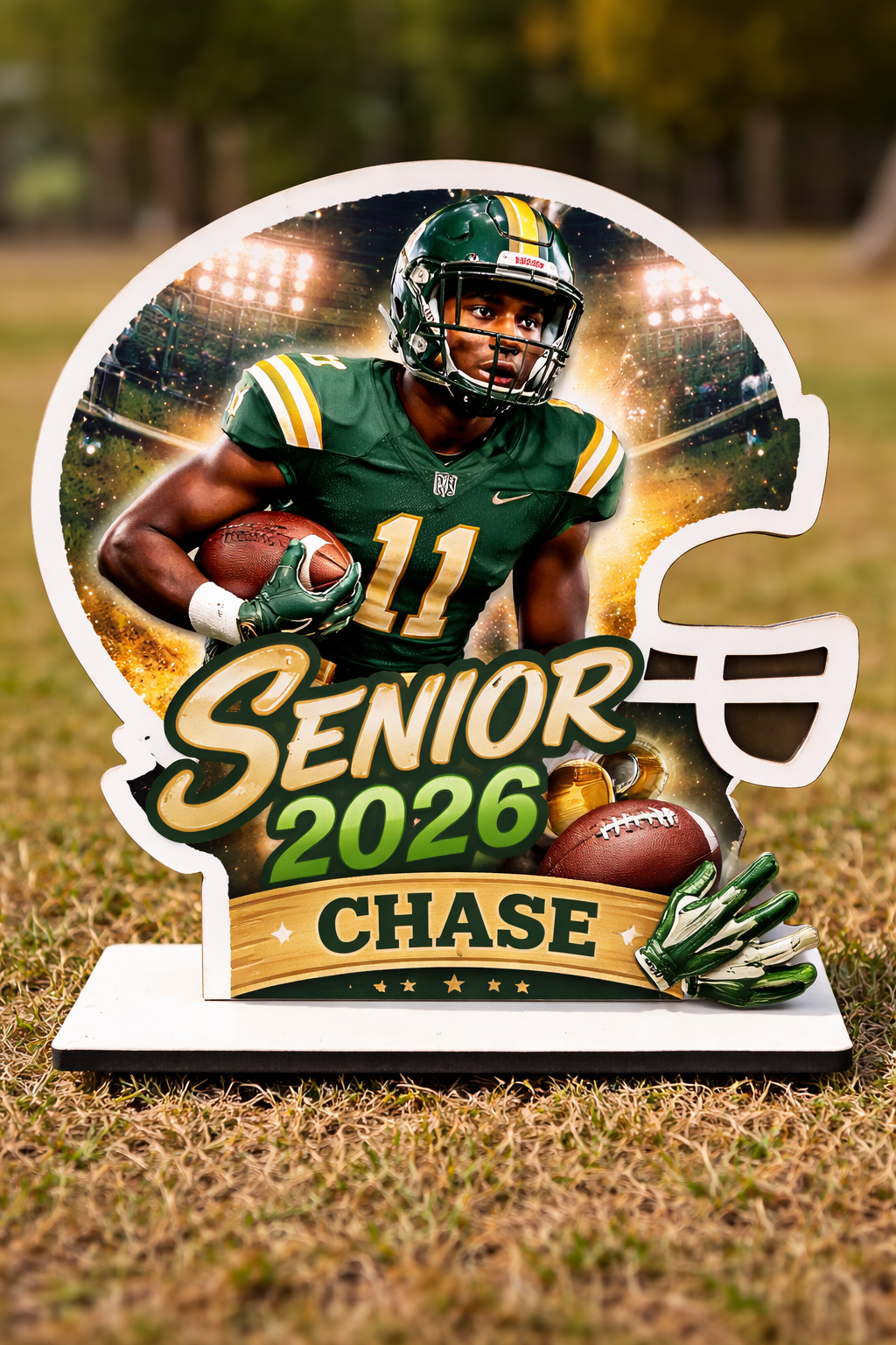 Sublimation Football Helmet MDF Plaque Blank — White with Black Backing & Stand | Custom Sports Decor | Single-Sided Personalized Keepsake
