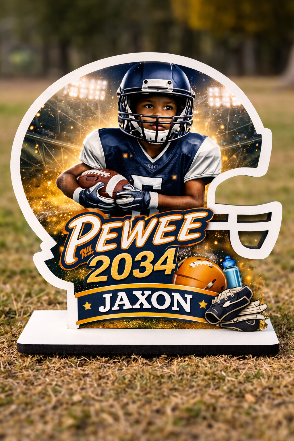 Sublimation Football Helmet MDF Plaque Blank — White with Black Backing & Stand | Custom Sports Decor | Single-Sided Personalized Keepsake