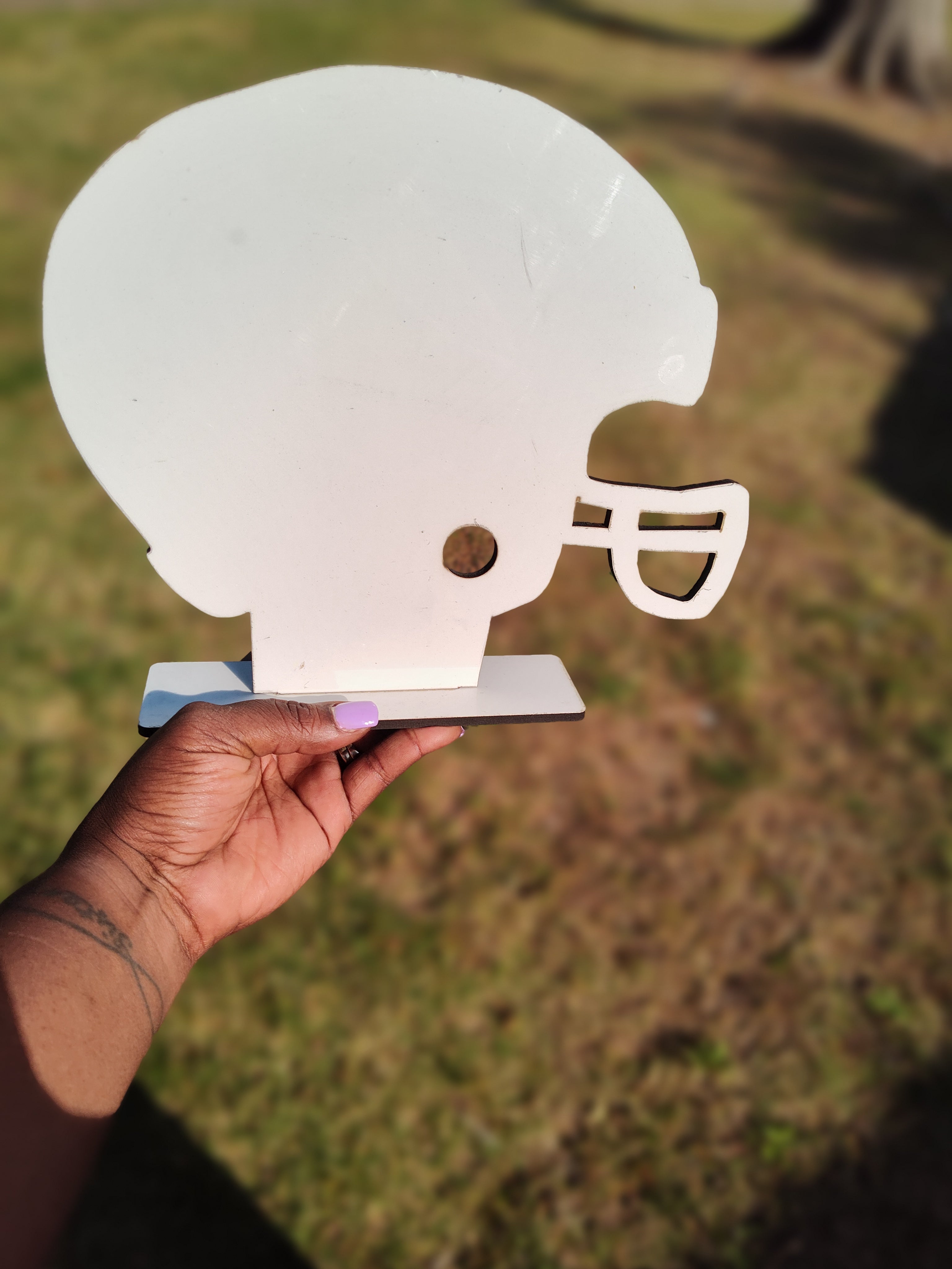 Sublimation Football Helmet MDF Plaque Blank — White with Black Backing & Stand | Custom Sports Decor | Single-Sided Personalized Keepsake