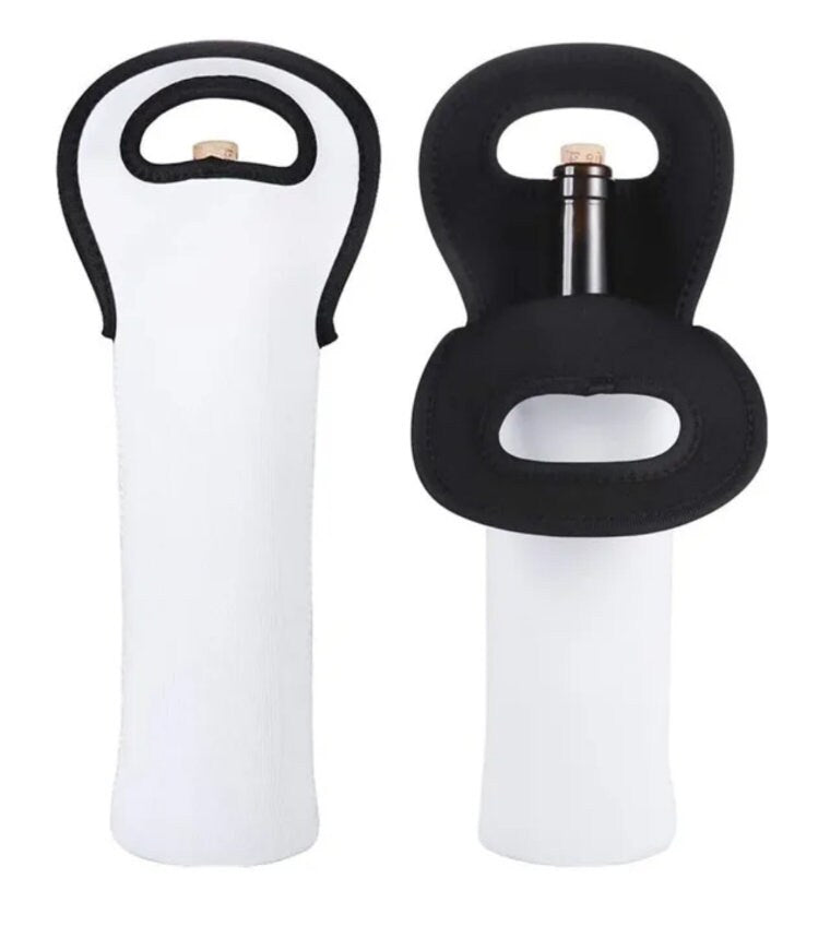 Neoprene Sublimation Wine Tote Bag Blank — 750ml Insulated Bottle Carrier | White with Black Trim | Double-Sided Custom Print Ready