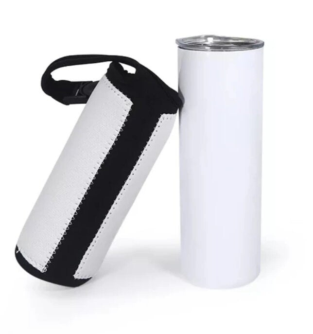 20oz Neoprene Insulated Tumbler Sleeve with Shoulder Strap| Sublimation Blank | White with Black Trim