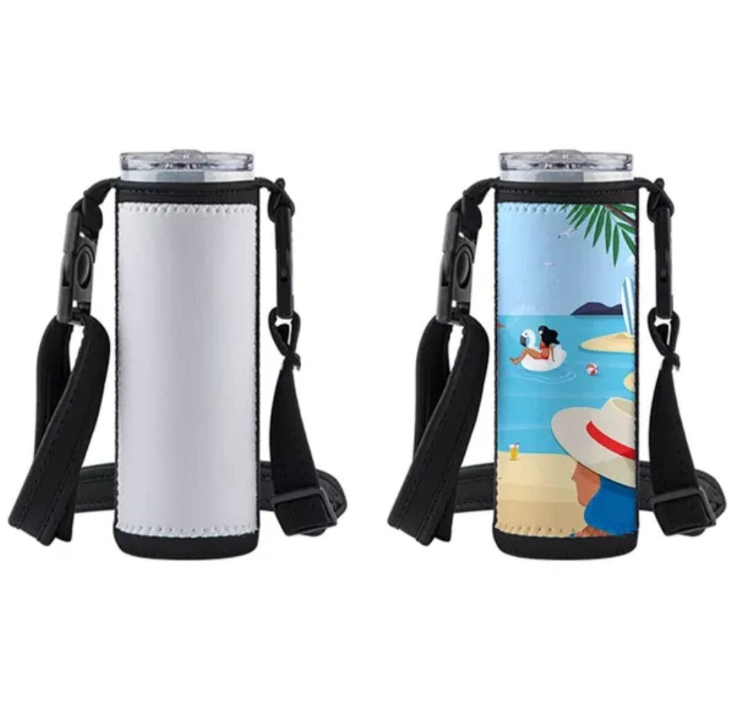 20oz Neoprene Insulated Tumbler Sleeve with Shoulder Strap| Sublimation Blank | White with Black Trim